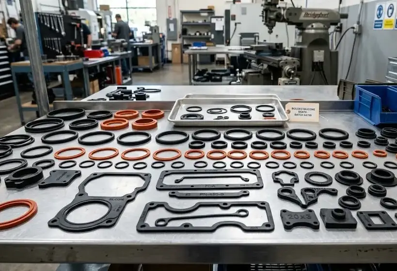 Industrial molded silicone rubber parts like gaskets, seals, and O-rings arranged on clean factory workbench, high detail . -Molded Silicone Rubber Products. -1