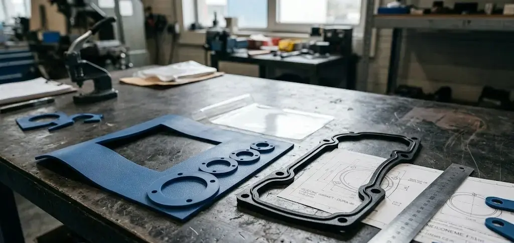 Industrial close-up of silicone rubber sheets and seals on a dark workstation, highlighting texture, flexibility, and precision cuts. -Properties of Silicone Rubber. -1