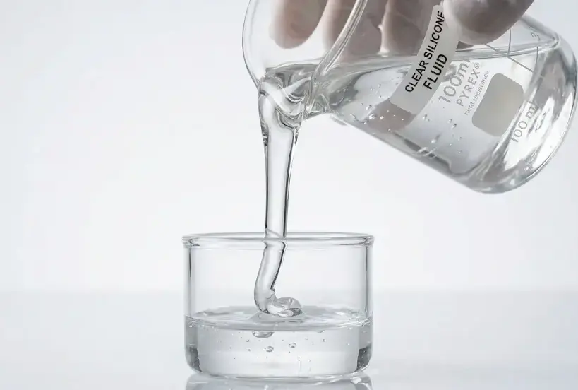 Clear silicone fluid pouring smoothly from glass beaker, glossy viscous texture, clean studio background, high detail, soft lighting. -Silicone Fluid Suppliers. -1