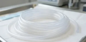 Close-up of translucent silicone tubes coiled on a sterile surface, soft lighting highlighting flexibility and smooth texture. -Silicone Chemical Resistance. -1