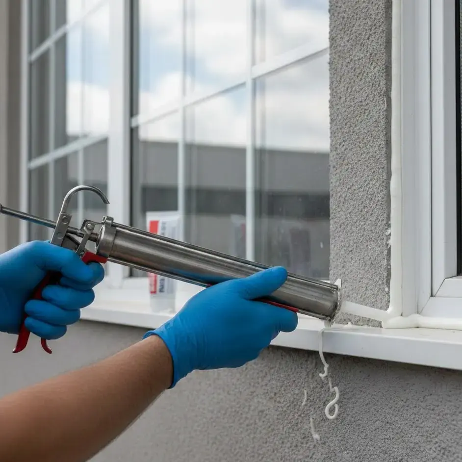 Close-up of a technician applying white RTV silicone sealant with a caulking gun along a window frame joint for waterproof sealing. -RTV Silicones. -1