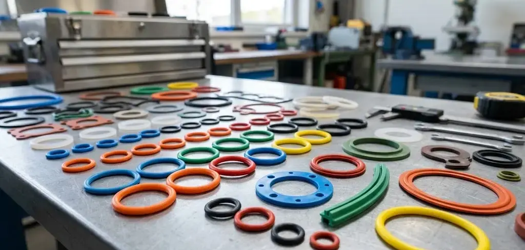 Close-up of colorful silicone and rubber seals, gaskets, and O-rings arranged on a clean industrial workspace, sharp focus. -Silicone vs Rubber Comparison. -1
