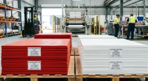 Industrial silicone rubber sheets in red and white, stacked with thickness labels, factory setting, clean lighting, high detail. -Silicone Rubber Sheets Suppliers. -1