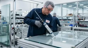 Industrial worker applying silicone adhesive on glass panel in modern factory, precise bonding process, clean environment, high detail. -Silicone Adhesive Manufacturers. -1