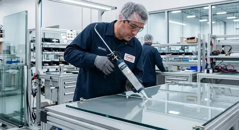 Industrial worker applying silicone adhesive on glass panel in modern factory, precise bonding process, clean environment, high detail. -Silicone Adhesive Manufacturers. -1