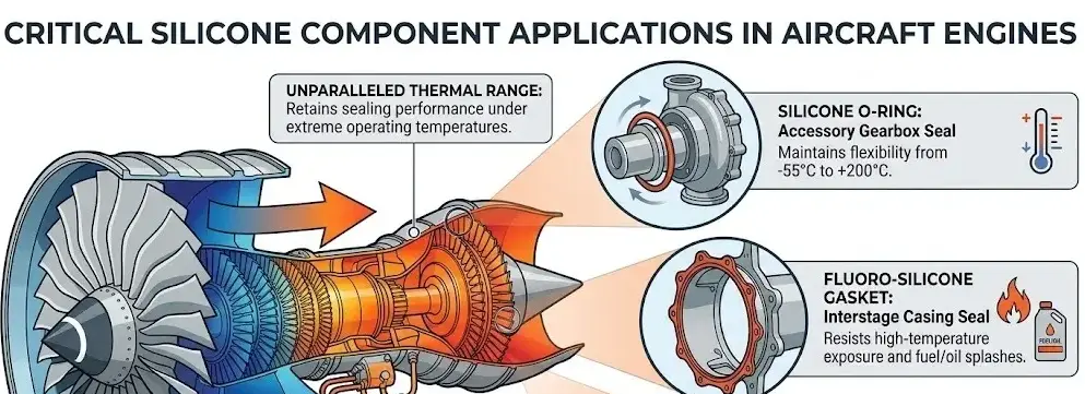 High-performance silicone gaskets and O-rings used in aircraft engines, highlighting thermal and chemical resistance. -Silicone for Aerospace Industry. -1