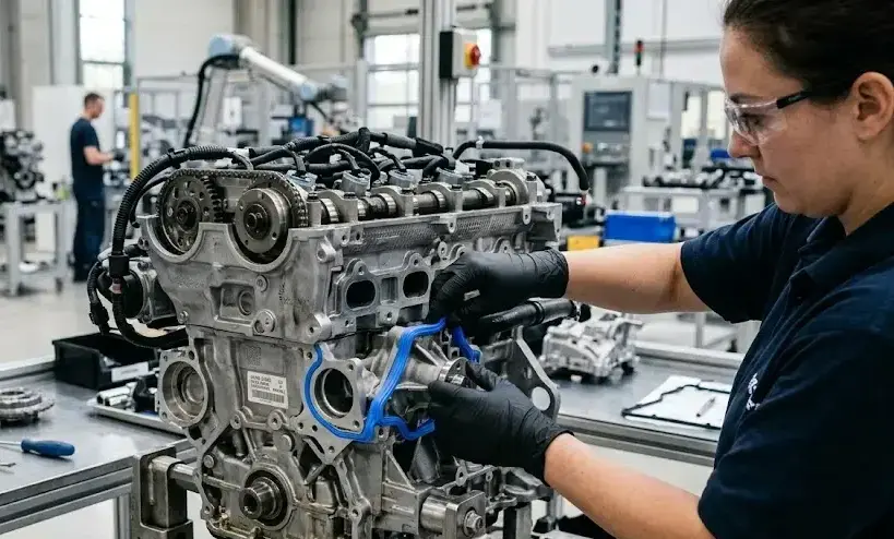 High-performance silicone seals in car engine, heat-resistant automotive components, clean industrial background, sharp detail. -Silicone for Automotive Industry. -1