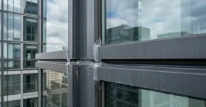 Modern building façade with clear silicone sealant applied to glass and metal joints, showing weatherproofing detail. -Silicone for Construction Materials. -1