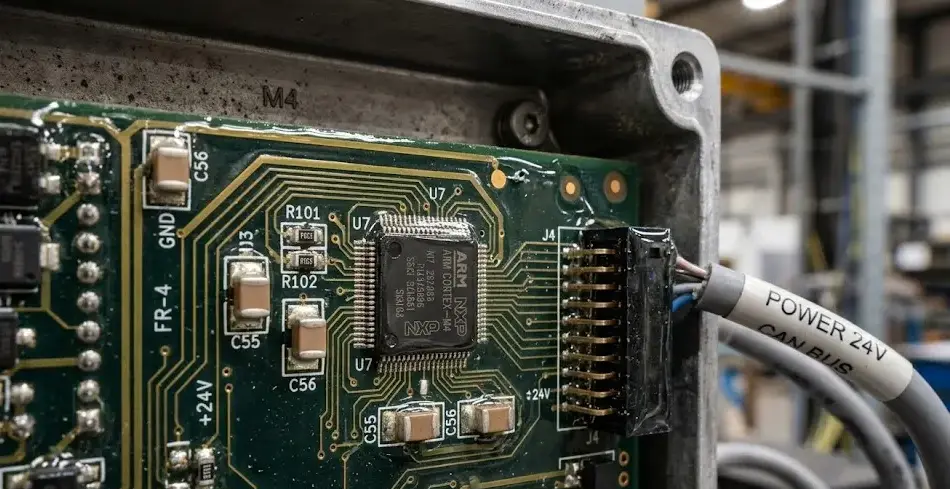 Close-up of PCB coated with clear silicone, protecting circuits from moisture, dust, and heat in industrial electronics. -Silicone for Electronics Industry. -1