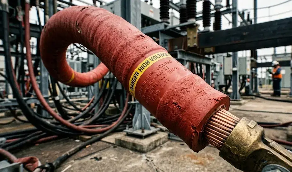 Industrial close-up of silicone insulating coating on high-voltage cables, highlighting heat resistance and durability. -Silicone for Electrical Insulation. -1