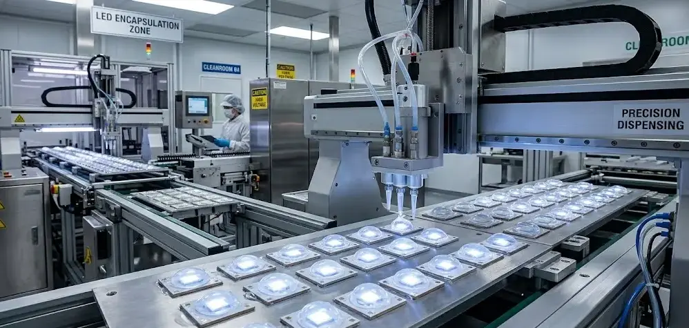 High-power LED chips being encapsulated with optically clear silicone gel in an industrial manufacturing setup. -Silicone for LED Encapsulation. -1