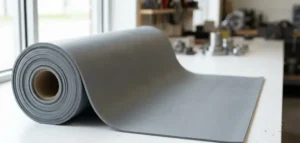 High-resolution roll of gray silicone rubber sheet partially unrolled on clean white surface, soft shadows, industrial material texture. -Silicone Insulation Properties. -1
