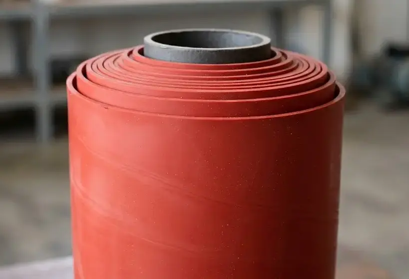 Close-up of red silicone rubber sheet roll, smooth texture, industrial material, soft lighting, high detail, minimal background. -Silicone Material Suppliers in India. -1