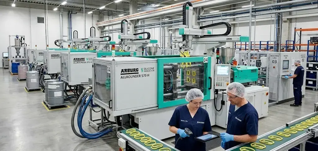 Modern silicone factory floor with automated injection molding machines, workers inspecting production lines in a clean industrial setting. -Silicone OEM Manufacturer. -1