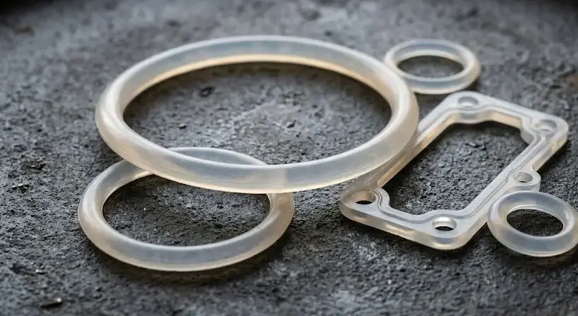 Close-up of translucent silicone rubber gaskets on dark textured surface, soft lighting, industrial product photography, minimal style. -Silicone Rubber Gaskets. -1