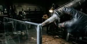 Close-up of silicone sealant being applied on glass edge, precision nozzle, dark industrial background, high contrast lighting. -Silicone Sealant Manufacturers. -1