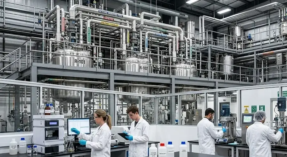 Industrial silicone chemical manufacturing plant with stainless reactors, pipelines and technicians producing silicone polymers in a modern lab. -Silicone Chemical Manufacturers. -1