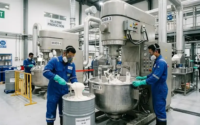 Industrial production of silicone compounds, workers mixing silicone rubber materials in factory, large mixers, clean chemical plant. -Silicone Compound Manufacturers. -1