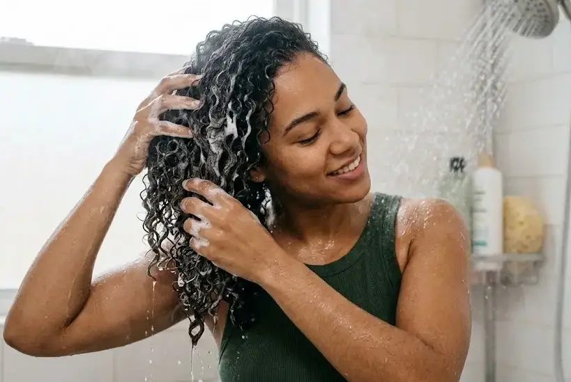 A woman gently massages conditioner into her wet curly hair, creating a rich lather for deep hydration and smoothness. -Silicones in Conditioner. -1