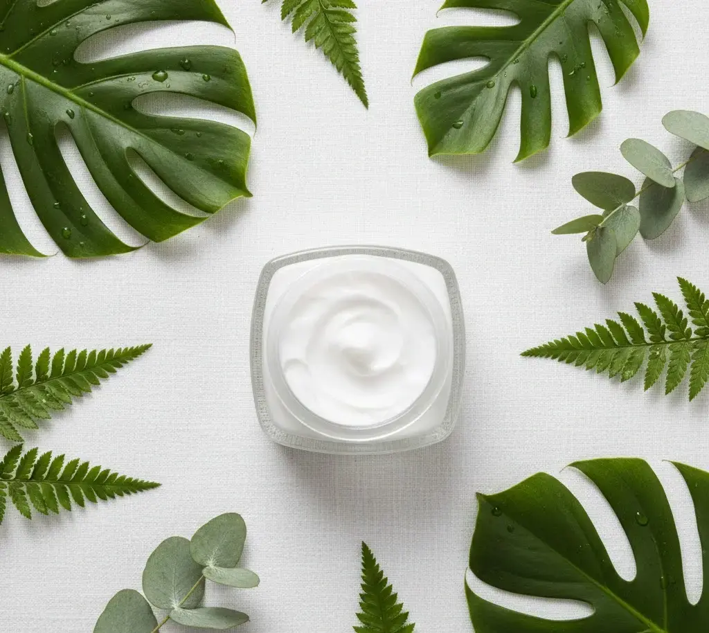 Flat lay of skincare cream in glass jar with fresh green leaves on white background, minimalist natural beauty concept, soft light. -Silicones in Cosmetics. -1