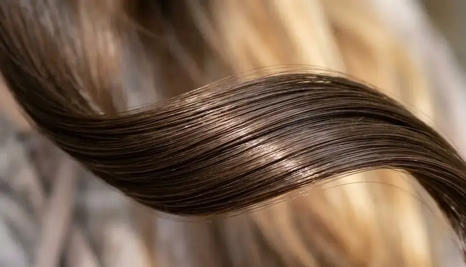 Close-up of hair strands coated with silicone layer, showing smooth texture, shine, and frizz-free surface under soft lighting. -Silicones in Hair. -1