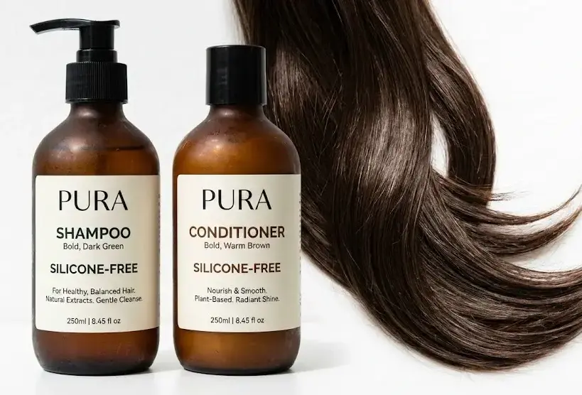 Close-up of shampoo and conditioner bottles labeled “silicone-free” beside strands of glossy, smooth hair on white background. -Silicones in Hair Products. -1