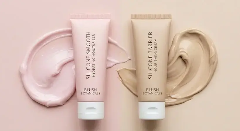Minimalist flat-lay of pink and beige moisturizer tubes with cream swirls on pastel background, symbolizing silicone skincare. -Silicones in Moisturizers. -1