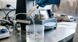 Transparent silicone gel stretching from a spatula into a plastic lab container, macro view, industrial polymer testing setup, soft laboratory lighting. -Silicones in Primary Forms. -1