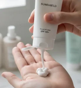 Close-up of hand squeezing white sunscreen from tube onto palm creamy texture, light, skincare routine, minimal aesthetic day. -Silicones in Sunscreen. -1