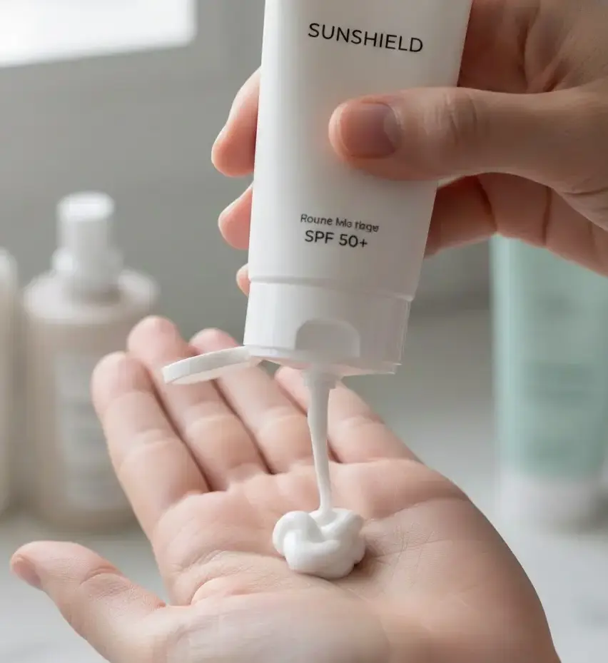 Close-up of hand squeezing white sunscreen from tube onto palm creamy texture, light, skincare routine, minimal aesthetic day. -Silicones in Sunscreen. -1