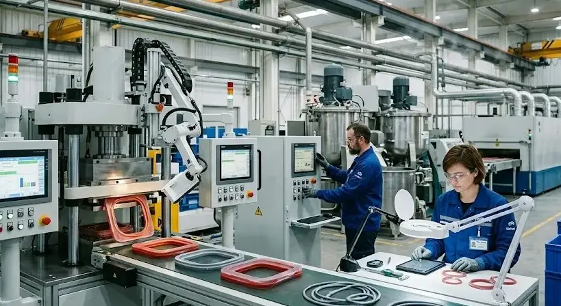 Silicone factory with advanced machinery producing rubber components and sealants, workers ensuring quality and precision output. -Silicone Manufacturers. -1