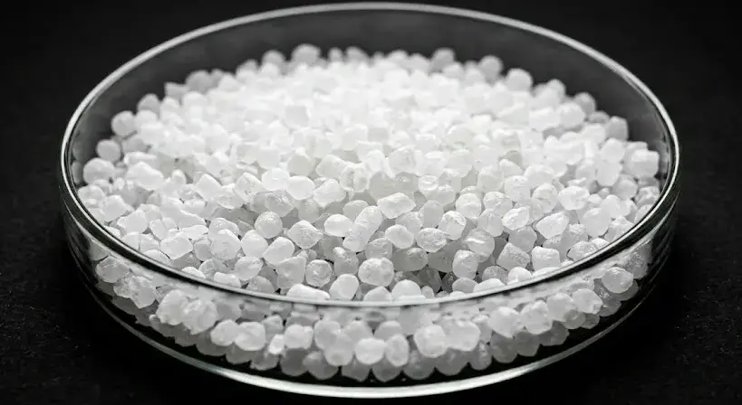 Macro view of white silicone rubber pellets in a clear petri dish on black background, industrial polymer granules, high contrast studio lighting. -Silicone Material Suppliers. -1