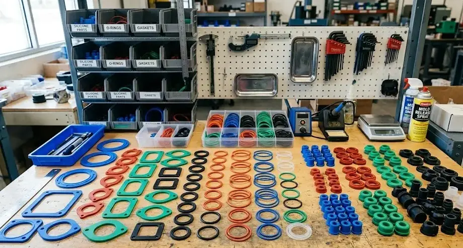 Industrial silicone rubber gaskets, O-rings, seals and molded parts arranged on workbench, colorful engineering components. -Silicone Products Manufacturers. -1