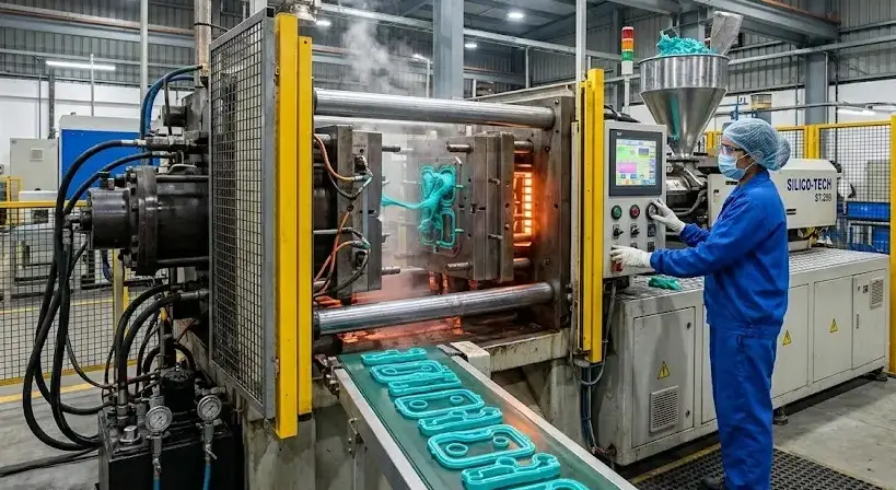 Industrial silicone molding machine pressing turquoise rubber components, technician in blue protective gear operating precision factory equipment. -Silicone Raw Material Manufacturers. -1