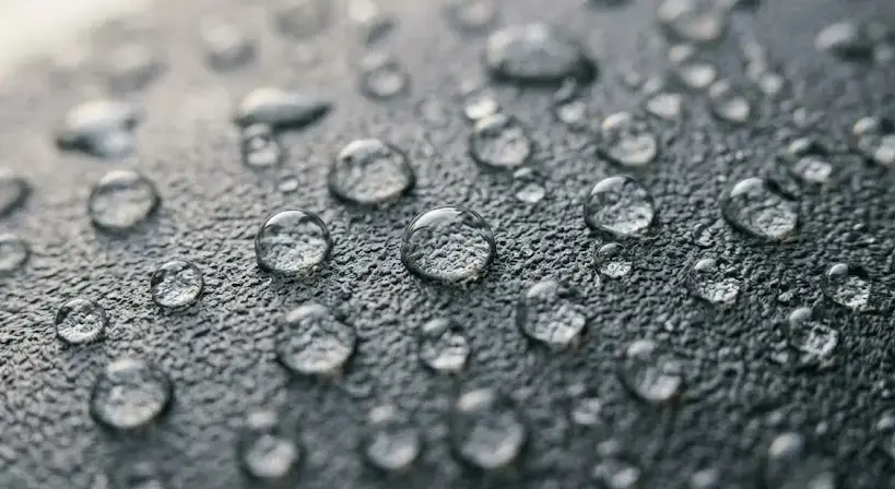 Water droplets beading on silicone-coated surface, hydrophobic effect, macro texture, high detail, industrial material finish, soft lighting. -Silicone Resin Manufacturers. -1