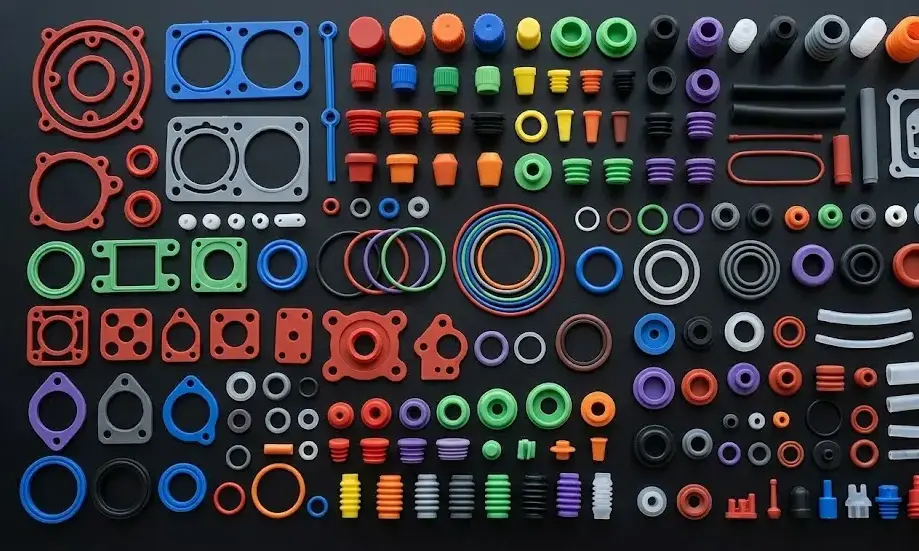 Industrial silicone rubber components in multiple colors on black background, molded seals, caps, gaskets and parts arranged neatly. -Silicone Rubber Manufacturers. -1