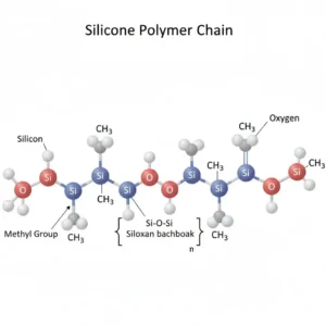 Scientific diagram of silicone polymer chain showing Si–O–Si siloxane backbone with methyl groups, clean chemistry illustration. -Silicones. -1