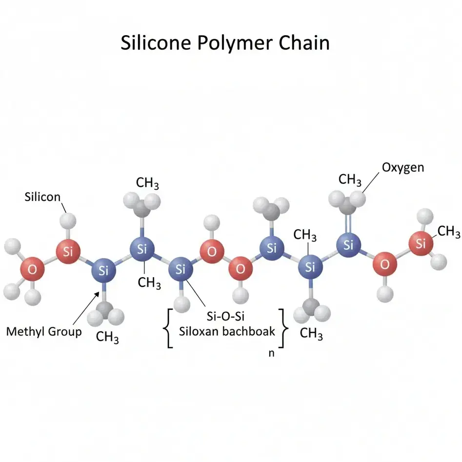 Scientific diagram of silicone polymer chain showing Si–O–Si siloxane backbone with methyl groups, clean chemistry illustration. -Silicones. -1