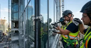 High-rise glass facade installation using structural glazing silicone sealant, workers applying sealant with precision, modern architecture. -Structural Glazing Silicone Sealant. -1