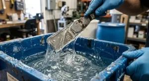 Close-up of viscous silicone liquid in a blue container being stirred with a spatula, highlighting glossy texture and industrial material mixing. -Uses of Silicones. -1