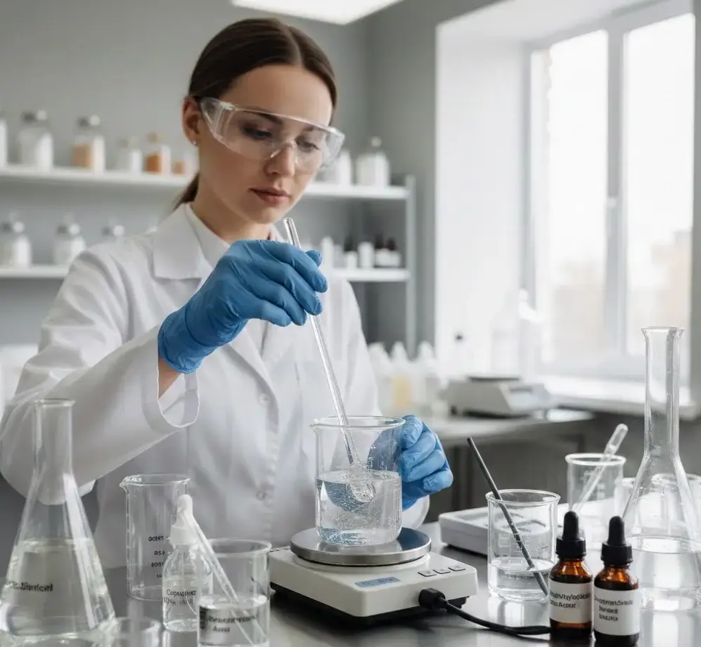 Cosmetic lab scene showing silicone-based skincare formulation, clear serum texture test, beauty chemist mixing ingredients. -Uses of Silicone in Cosmetics. -1