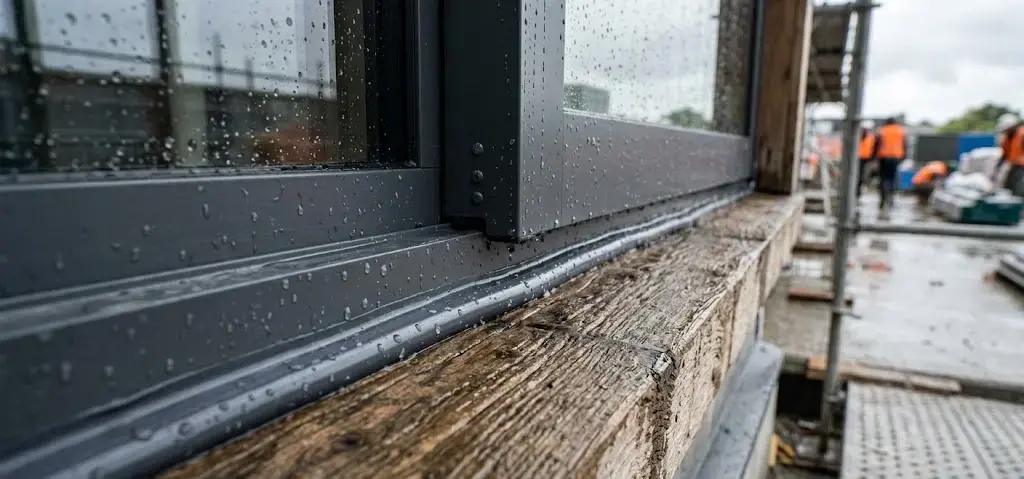Close-up of weatherproof silicone sealant applied on window joint, rain droplets, outdoor construction, high detail, realistic lighting . -Weatherproof Silicone Sealant. -1