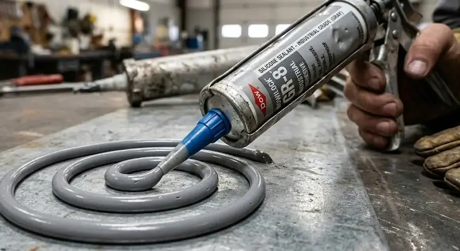 Close-up of gray silicone sealant being squeezed from a tube onto a surface, smooth spiral bead forming, industrial adhesive texture. -What Are Silicones Made From? . -1