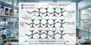 Scientific diagram showing silicone polymer chains with Si–O bonds, labeled structure, chemistry lab background, educational infographic. -What Is Silicones. -1