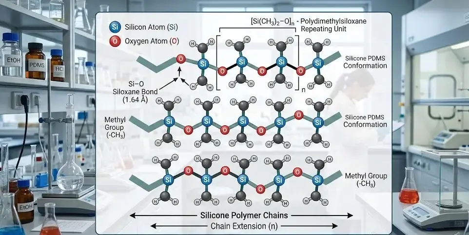 Scientific diagram showing silicone polymer chains with Si–O bonds, labeled structure, chemistry lab background, educational infographic. -What Is Silicones. -1