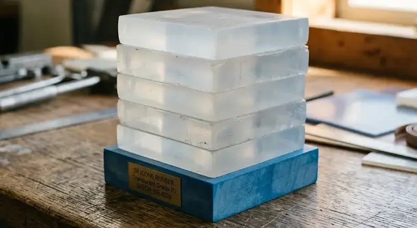 Close-up of translucent silicone rubber blocks stacked on blue base, industrial material sample on wooden surface, soft lighting. -Wholesale Silicone Materials. -1
