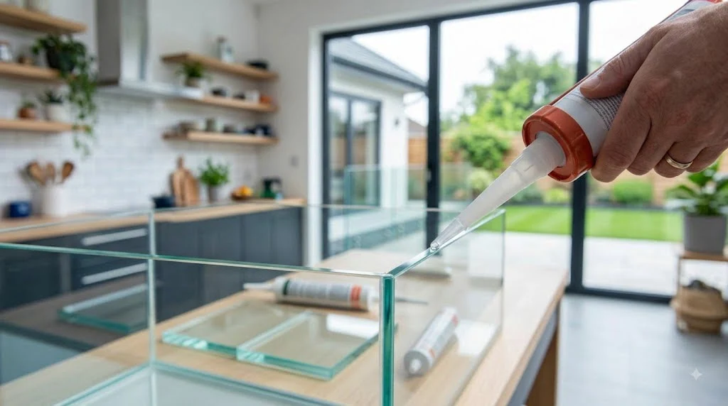 Applying clear silicone sealant with a caulk gun to bond glass panels.