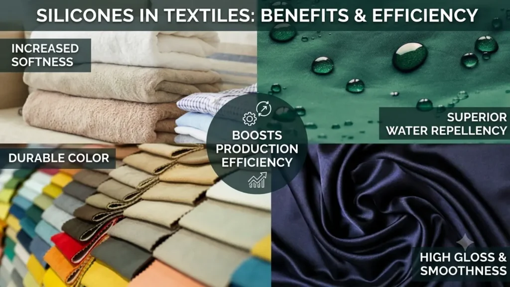Clothes treated with silicones in textile manufacturing for softness and water repellency.
