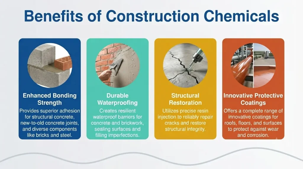 Chart detailing the four main construction chemicals benefits for concrete structures and masonry