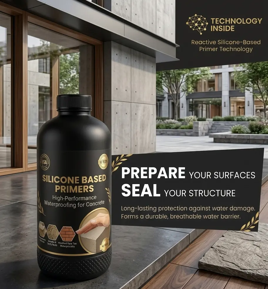A bottle of industrial silicone-based primer used to promote surface adhesion for sealants and elastomeric coatings